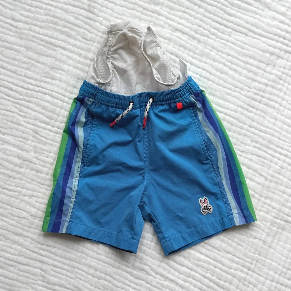 Psycho Bunny Swim Trunks Boys Size 4 Blue Striped Shorts Mesh Lined